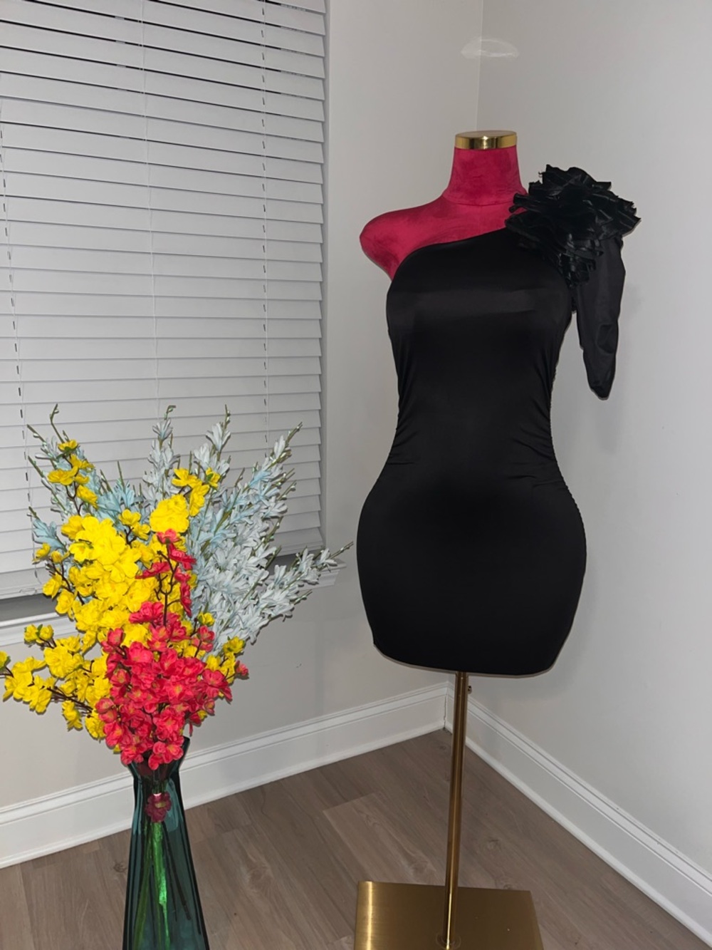 Symphony Black One-Shoulder Mini Dress with Floral Shoulder Detail